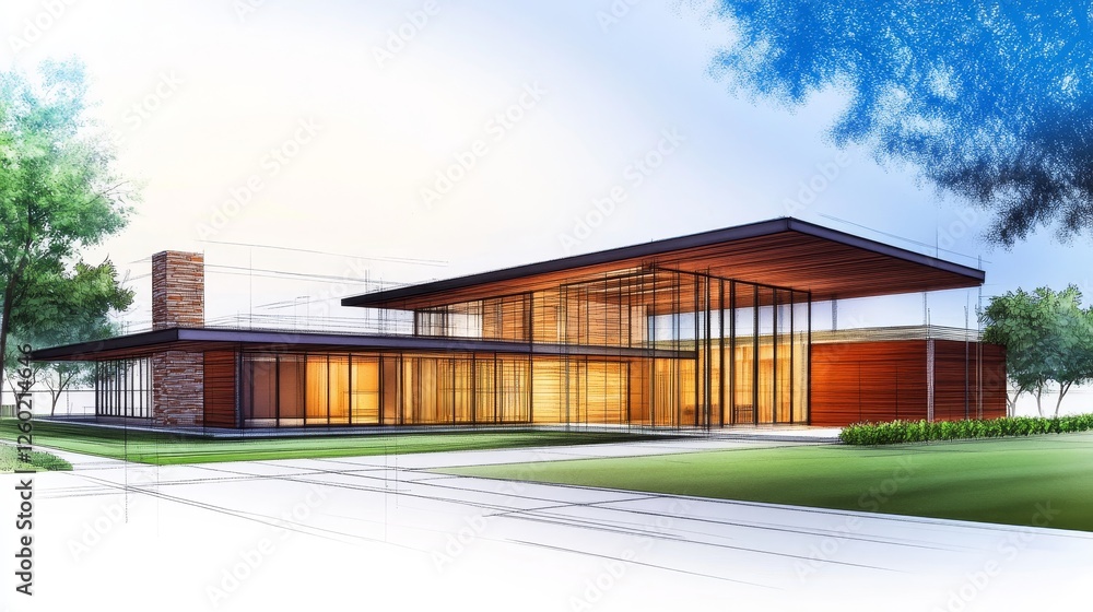 Modern architectural design of a spacious house with large windows and wooden accents in a serene setting Modern architectural design of a spacious house with large windows and wooden accents in a serene setting