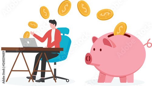 Man relaxing while receiving money transfer from computer into wallet. Online business,

