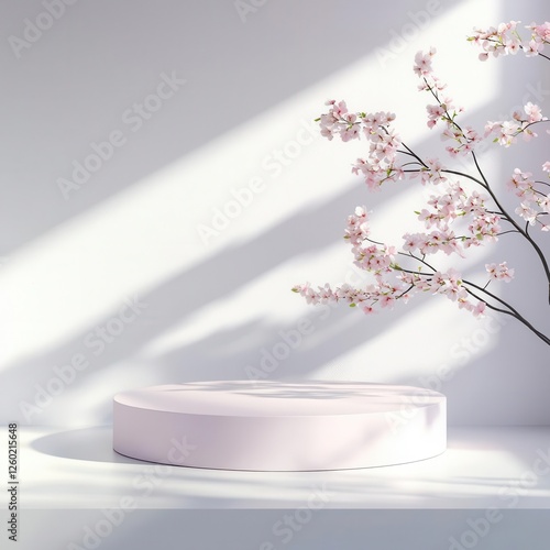 Simple podium surrounded by cherry blossom branches, clean lines and soft natural light for a spring-themed product showcase