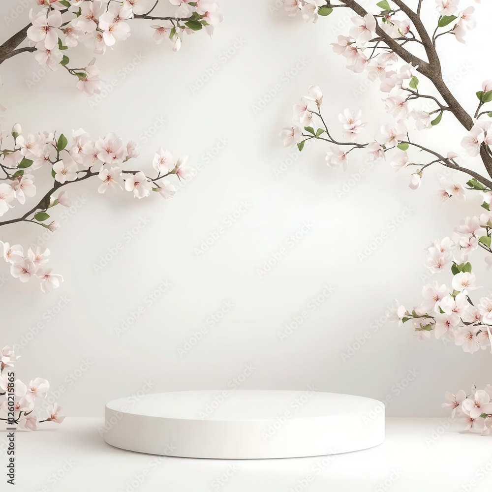 Simple podium surrounded by cherry blossom branches, clean lines and soft natural light for a spring-themed product showcase Simple podium surrounded by cherry blossom branches, clean lines and soft natural light for a spring-themed product showcase