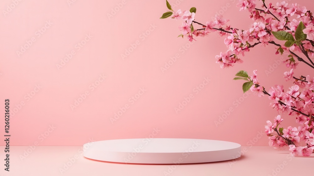 Simple podium surrounded by cherry blossom branches, clean lines and soft natural light for a spring-themed product showcase Simple podium surrounded by cherry blossom branches, clean lines and soft natural light for a spring-themed product showcase