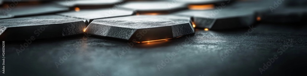 Abstract hexagonal metal texture with warm light accents. Dark, moody, and geometric. Abstract hexagonal metal texture with warm light accents. Dark, moody, and geometric.