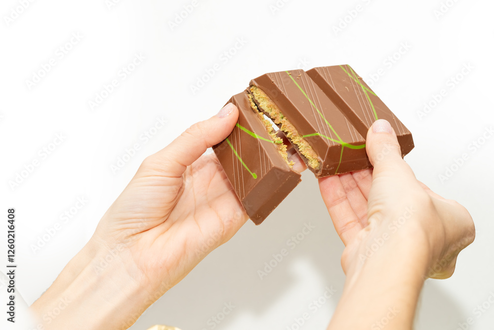 Obraz premium Trend Dubai chocolate with pistachio paste and kataifi in a woman’s hand on a white background