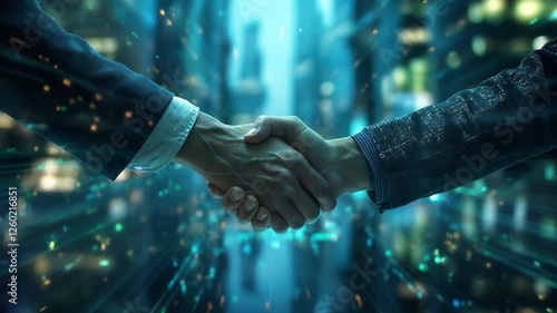 Handshake symbolizing partnership in a futuristic digital business world.