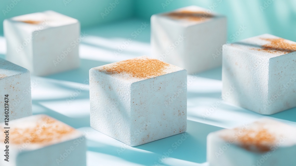 Soft light bathes creamy white cubes subtly dusted with spice a calming pastel aesthetic. AI Generated Soft light bathes creamy white cubes subtly dusted with spice a calming pastel aesthetic. AI Generated