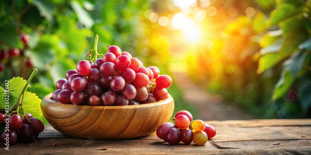 Fresh red grapes in a wooden bowl on a rustic table surrounded by lush greenery, with warm sunlight casting a cozy glow, Cozy Atmosphere, Greenery Fresh red grapes in a wooden bowl on a rustic table surrounded by lush greenery, with warm sunlight casting a cozy glow, Cozy Atmosphere, Greenery