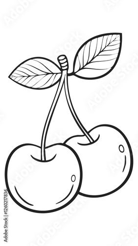 Cherry Fruit Food Meal Healthy Coloring Kid Book Page in Black and White. Monochrome and Colored Samples
