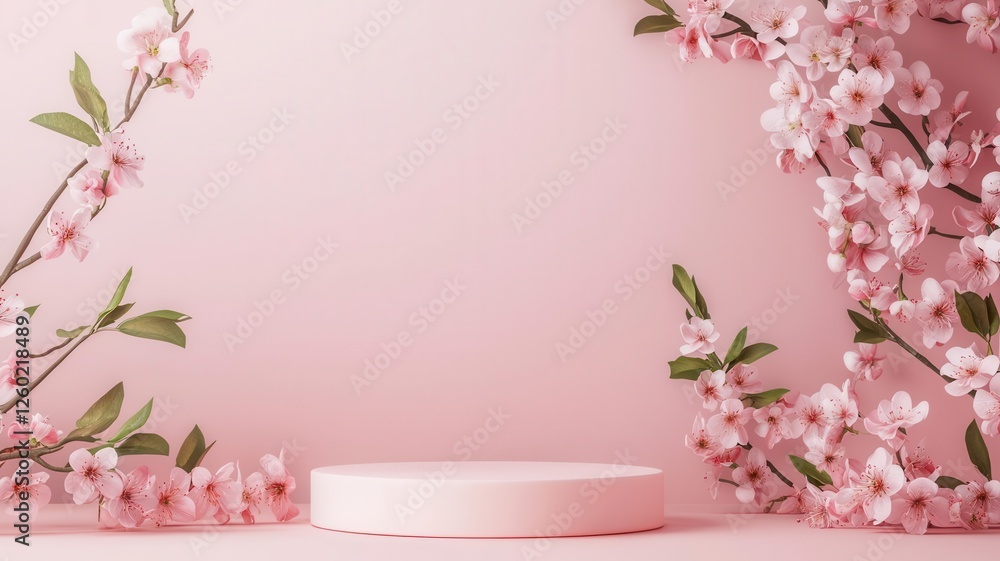 Sleek podium surrounded by pastel-colored blossoms, minimal springtime atmosphere for product display Sleek podium surrounded by pastel-colored blossoms, minimal springtime atmosphere for product display