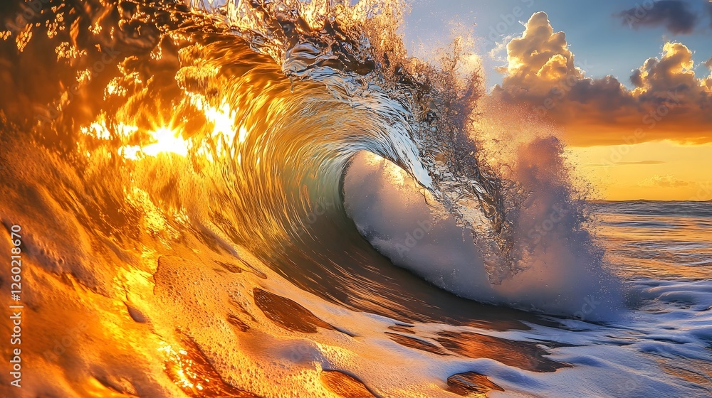 Naklejka premium Golden Sunrise Wave Ocean Nature Beauty