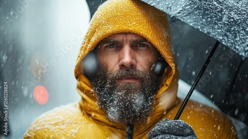 A bearded man in a yellow coat and hood stands under an umbrella, surrounded by falling snow, representing resilience and solitude against a wintry backdrop. photo