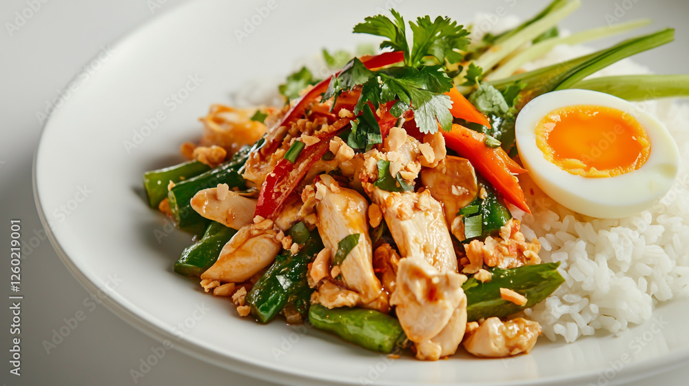 A plate of Thai food with chicken, vegetables, and eggs on rice. A plate of Thai food with chicken, vegetables, and eggs on rice.