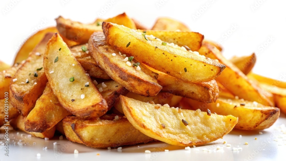 A golden-brown, crispy top layer of freshly cooked hot chips with a few sprinkles of salt and pepper on a white background , crunchy texture, cooked potato A golden-brown, crispy top layer of freshly cooked hot chips with a few sprinkles of salt and pepper on a white background , crunchy texture, cooked potato