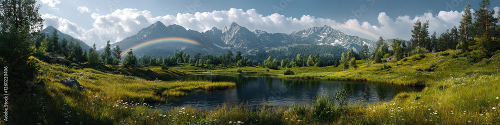 Mountain Lake with Double Rainbow and Meadow Mountain Lake with Double Rainbow and Meadow