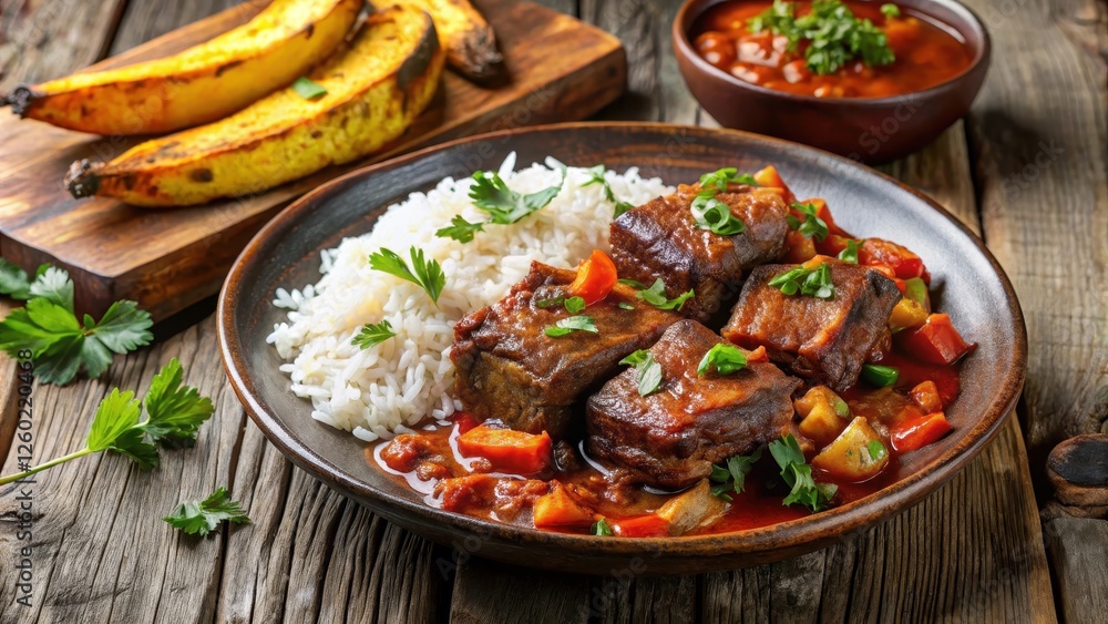 A traditional Cuban dish of slow-cooked beef short ribs in a tomato-based sauce served with steamed rice and fried plantains , meat, latin america A traditional Cuban dish of slow-cooked beef short ribs in a tomato-based sauce served with steamed rice and fried plantains , meat, latin america
