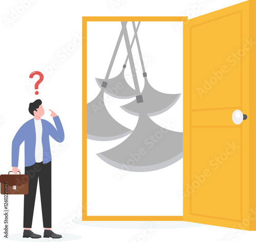 Business concept illustration of a man thinking to pass through a tunnel with swinging blades. For challenge, risk, danger in business concept

