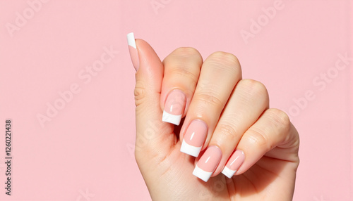 Elegant hand with French manicure against pink background
