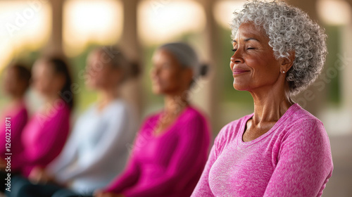 cheerful group of women participating in fitness class, focusing on mindfulness and relaxation. atmosphere is serene, promoting well being and community