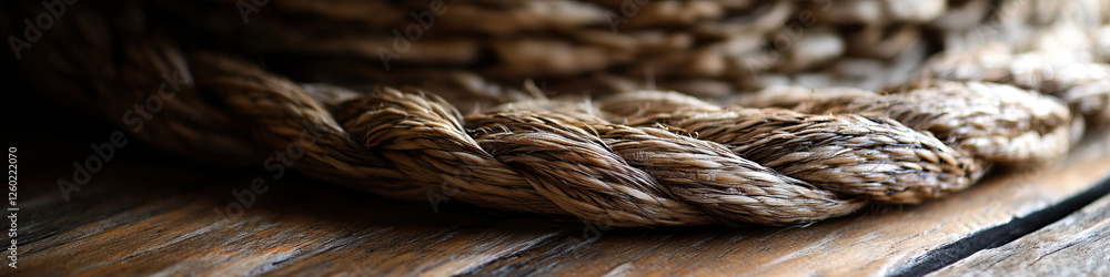 Braided Hemp Rope on Wooden Surface Braided Hemp Rope on Wooden Surface