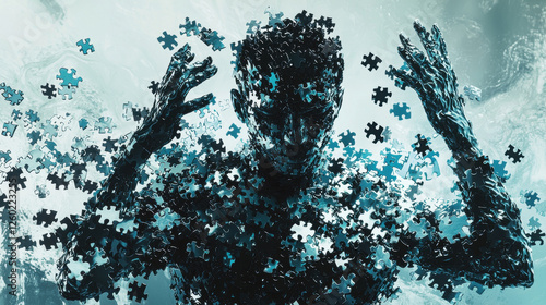 Fragmented mind struggles with relentless rearrangement of puzzle pieces, embodying the chaos of OCD through surreal and atmospheric lighting