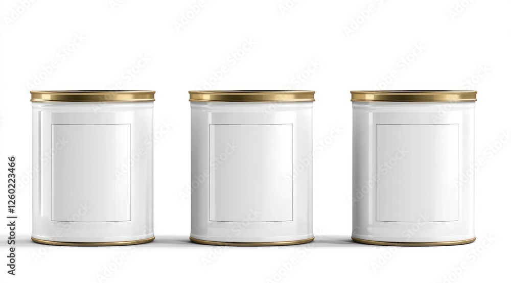 Three blank white tin cans with gold lids. (1) Three blank white tin cans with gold lids. (1)
