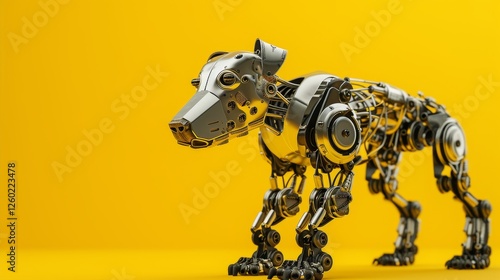 A futuristic cybernetic dog composed of metallic gears, cogs, and mechanical components, designed with high precision. Set against a bold yellow background, blending sci-fi and steampunk aesthetics