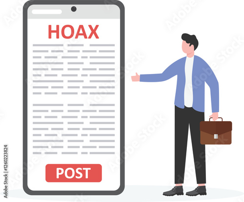 Man’s hand holding a smartphone posts fake news, consider before posting news, hoax, vector illustration

