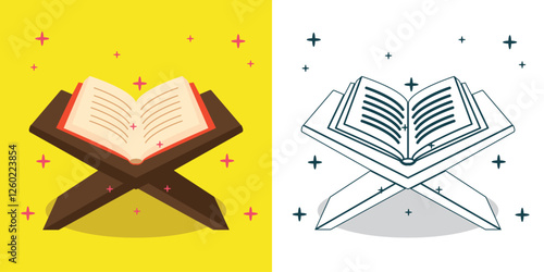 a Quran with wooden stand illustration for a design element or coloring book element