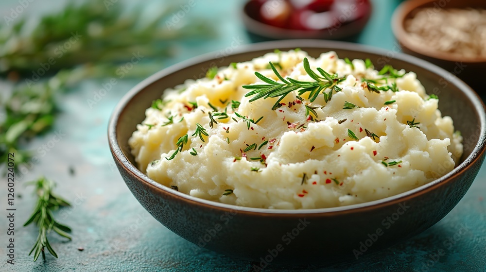 thanksgiving ultra fluffy mashed potatoes mashed potatoes with herbs in bowl on turquoise background top view copy space thanksgiving ultra fluffy mashed potatoes mashed potatoes with herbs in bowl on turquoise background top view copy space