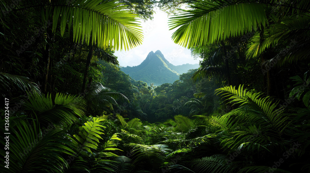 lush rainforest with vibrant green foliage, towering trees, and distant mountain peak creates serene and tranquil atmosphere. scene is rich in biodiversity and natural beauty lush rainforest with vibrant green foliage, towering trees, and distant mountain peak creates serene and tranquil atmosphere. scene is rich in biodiversity and natural beauty