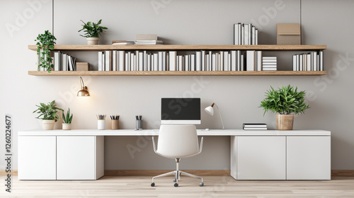 minimalist home office setup featuring white desk, ergonomic chair, and plants. organized shelves display books and decorative items, creating serene workspace
