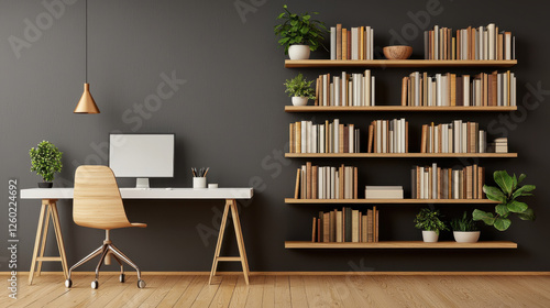 Minimalist home office setup with white desk, wooden chair, and bookshelves. space features plants and modern design, creating calm and productive environment