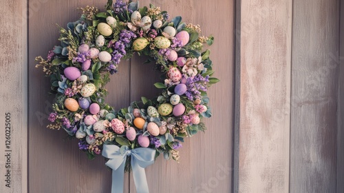 Easter. Close-up of a beautiful Easter wreath on a wooden door decorated with flowers, ribbons, colorful eggs and greenery
