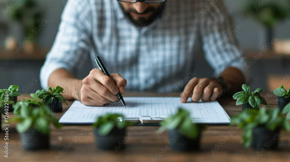 scientist is analyzing data on renewable energy sources while surrounded by small potted plants, showcasing blend of nature and research scientist is analyzing data on renewable energy sources while surrounded by small potted plants, showcasing blend of nature and research