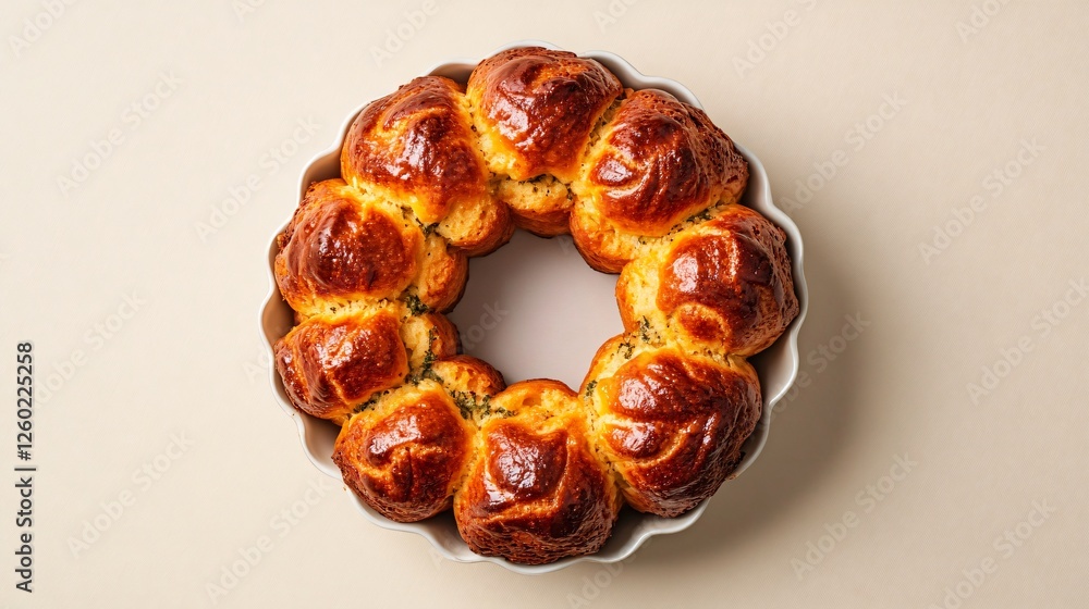 A top-down view of a freshly baked herb-infused monkey bread in a bundt pan, isolated on a neutral beige background A top-down view of a freshly baked herb-infused monkey bread in a bundt pan, isolated on a neutral beige background