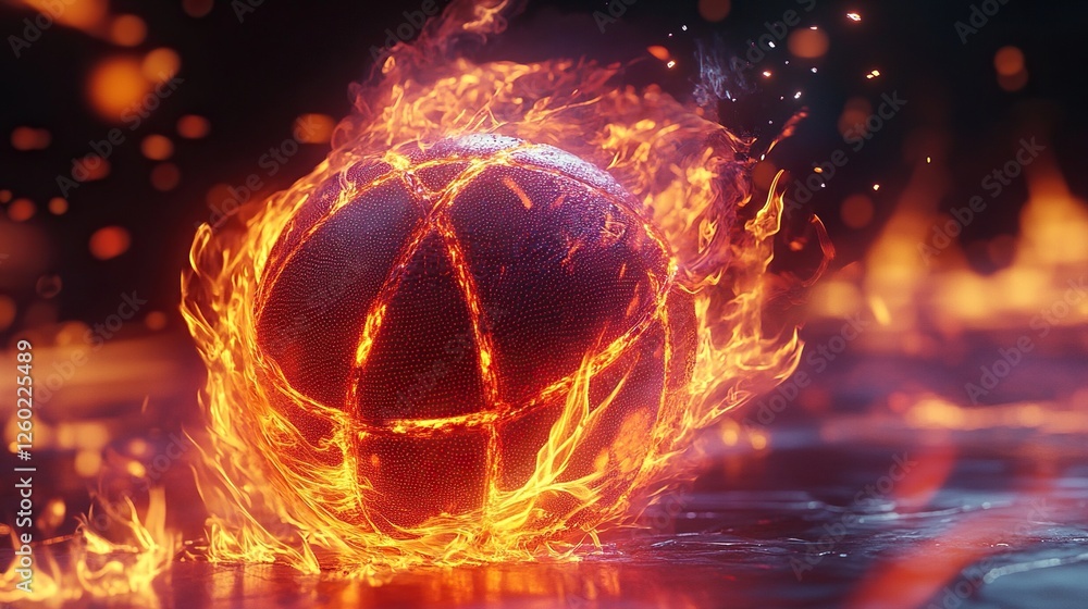 Fiery basketball engulfed in flames on dark surface. Fiery basketball engulfed in flames on dark surface.