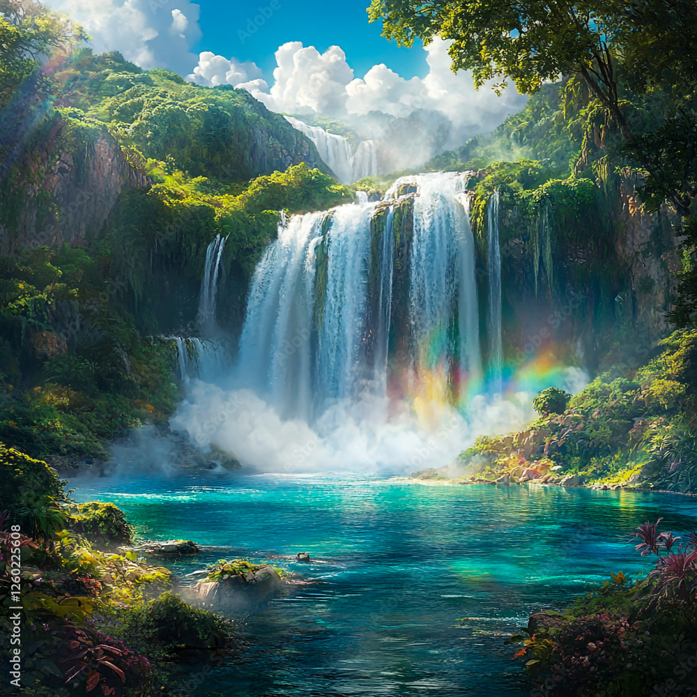 Fototapeta premium A powerful waterfall cascading down mossy cliffs into a turquoise lagoon, surrounded by exotic tropical flora, with misty rainbows forming in the sunlight