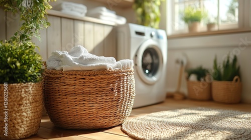 the laundry basket is situated behind the washing machin photo