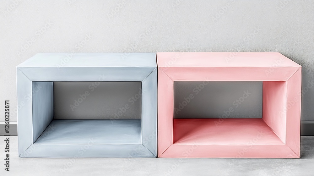 Pastel pink and gray cube shelves stand elegantly against a neutral wall. AI Generated Pastel pink and gray cube shelves stand elegantly against a neutral wall. AI Generated