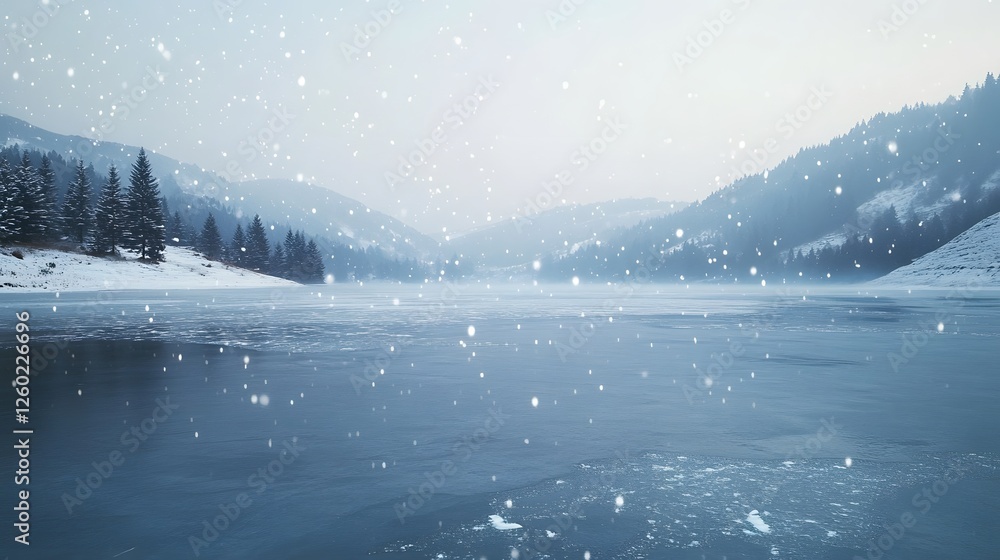 Obraz premium Snowy Mountain Lake Winter Scene With Pine Trees