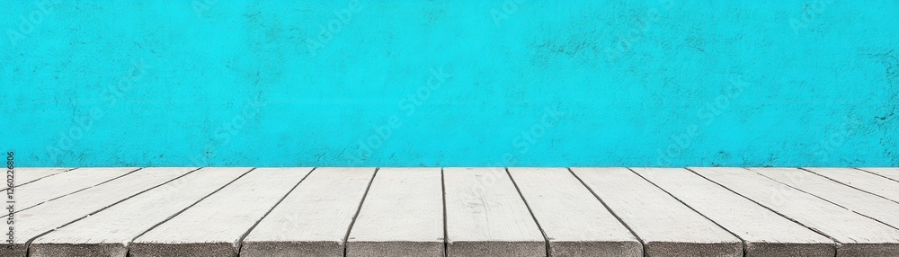 Fototapeta premium A minimalist setting featuring a turquoise wall and a wooden floor, creating a vibrant backdrop for various creative uses.