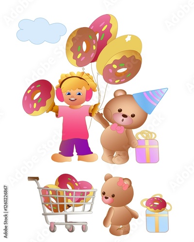 Wallpaper Mural girl with teddy bear celebrate donut holiday Torontodigital.ca