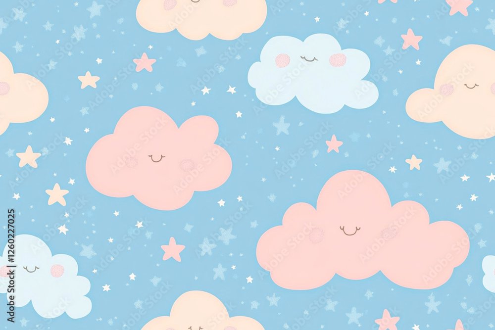 Cute children's pattern with clouds and stars in soft pastel shades of blue and pink, textures, patterns Cute children's pattern with clouds and stars in soft pastel shades of blue and pink, textures, patterns