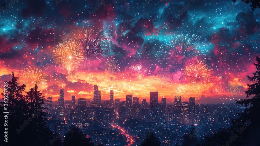 Fototapeta premium Festive Fireworks Display Over City Skyline at Night