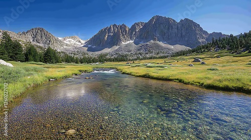 Scenic mountain river, meadow, clear water, hikers, sunny day, landscape photography