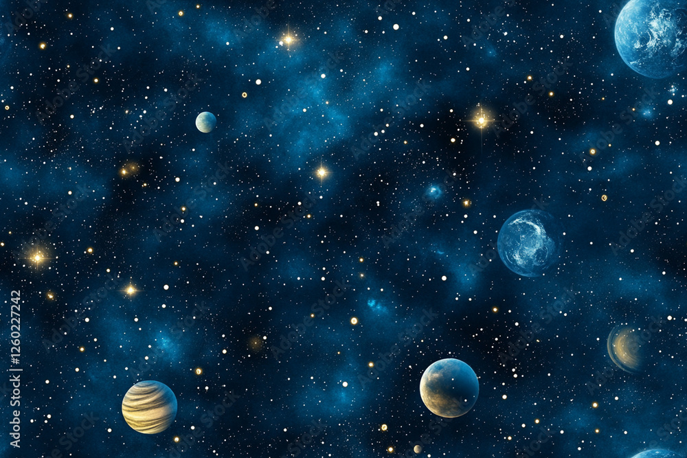 Space pattern including stars, planets and nebulae in deep blue, textures, patterns Space pattern including stars, planets and nebulae in deep blue, textures, patterns