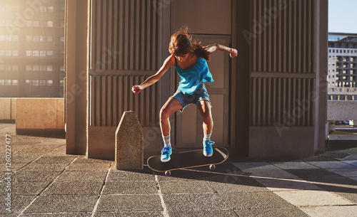 Skateboard, city and girl with flip in air for jump stunt, practice and energy in New York. Woman, skater and female person with ollie trick on concrete for outdoor talent, skill competition or hobby