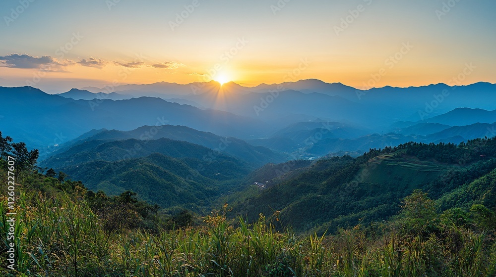 Sunset over layered mountains, rural valley, scenic view Sunset over layered mountains, rural valley, scenic view