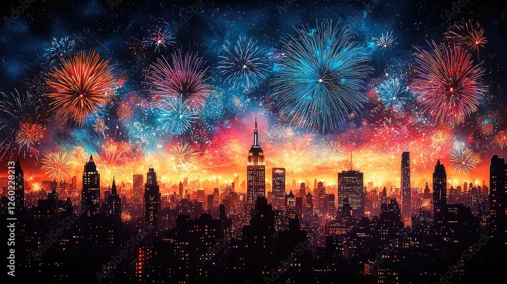 Festive Fireworks Display Over New York City Skyline Festive Fireworks Display Over New York City Skyline