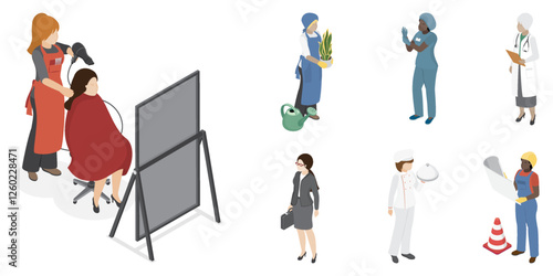 Women different profession. Different ages and races character without face. Vector illustration in isometric style