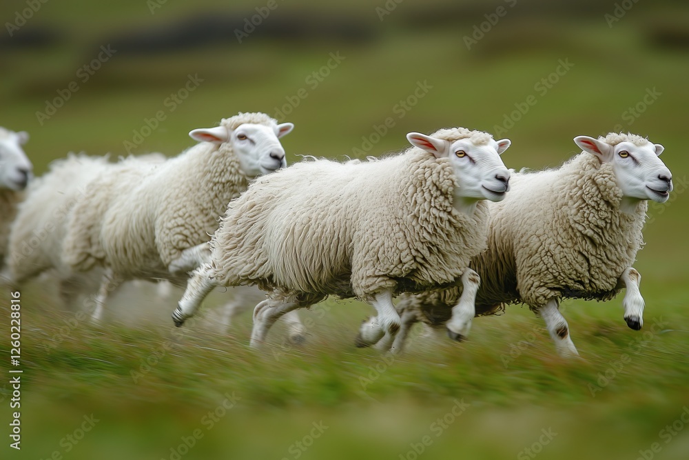 Naklejka premium A group of fluffy sheep running energetically across a vibrant green grassland, capturing the essence of countryside movement.